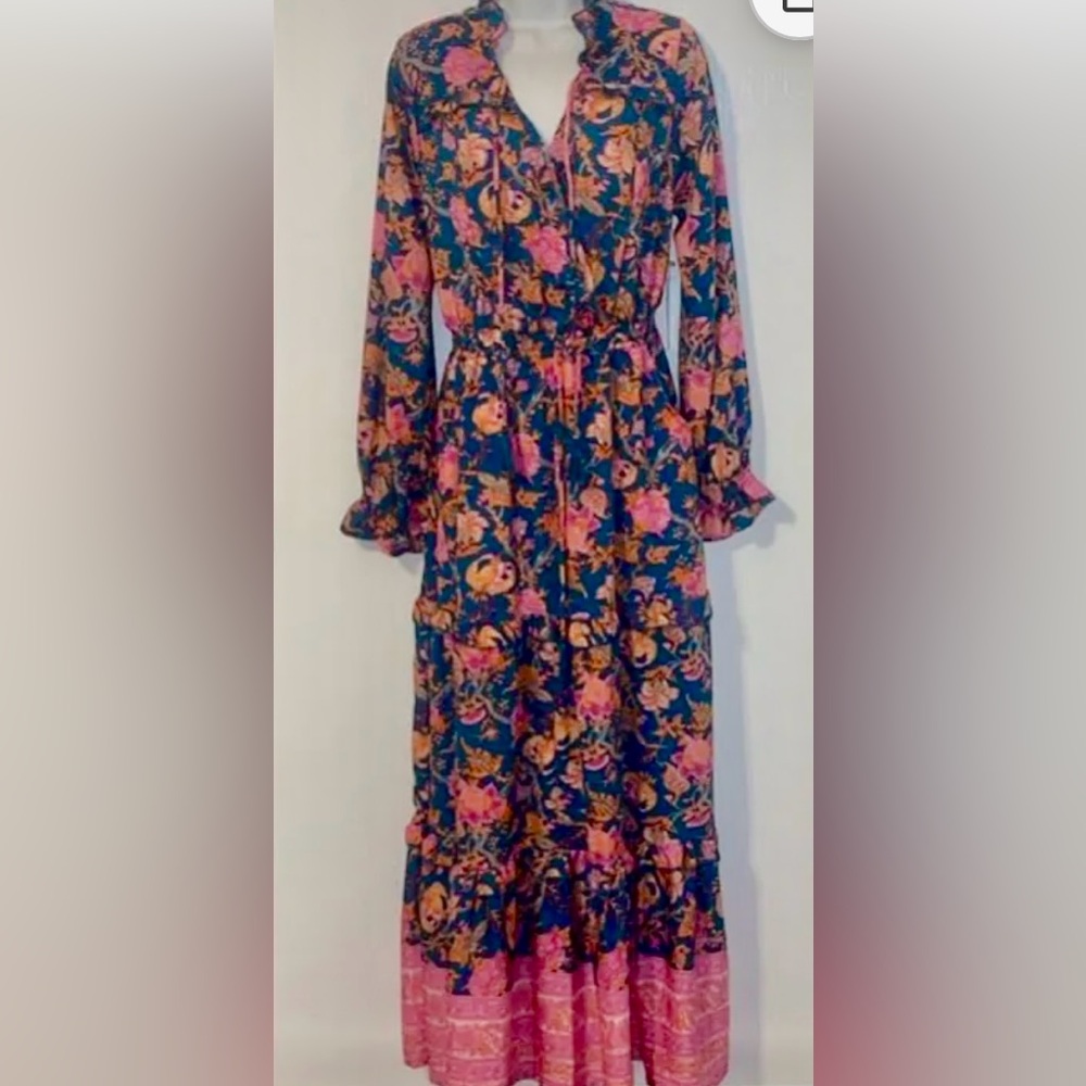 Boemo Anthropologie Long Sleeve Tiered Pink and Teal A Line Maxi Dress